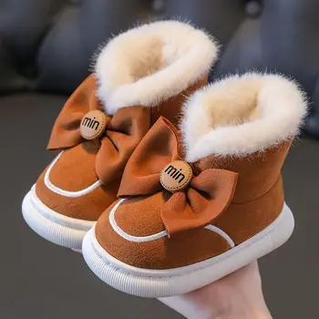 Модная детская повседневная обувь с мехом, хлопковые зимние ботинки с бантом для девочек, теплые детские ботинки, зимняя обувь принцессы для маленьких девочек, кроссовки