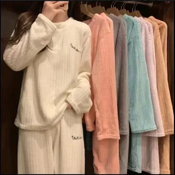 Осенние женские однотонные теплые комплекты из 2 предметов, плотный бархатный флисовый комплект в рубчик, пуловер и брюки, женские повседневные пижамные комплекты 2023 года.