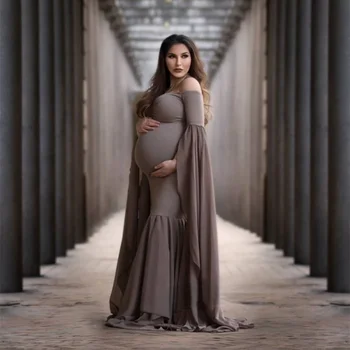 Модное сшитое цельное платье с вырезом и открытыми плечами, элегантный реквизит для фотосъемки беременных, платье для беременной женщины