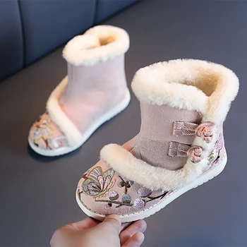 Зимние зимние ботинки с теплой меховой подкладкой для девочек, нескользящие зимние ботинки на плоской подошве, водонепроницаемые уличные прочные плюшевые зимние ботинки для детей