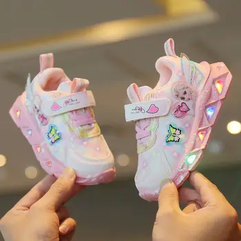 Спортивная светодиодная лампа для девочек принцессы Диснея Эльзы, Весенняя дышащая детская обувь Для прогулок, Розово-фиолетовые туфли на мягкой подошве, кроссовки