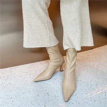 Женская обувь из эластичной ткани в европейском стиле, прямой высокий каблук-стилет, для ночного клуба, вечеринки, плиссированные однотонные ботильоны с острым носком