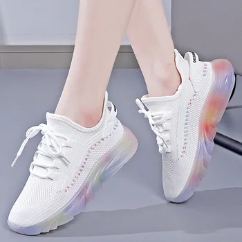 Женские белые кроссовки, модная обувь на плоской платформе, сетчатые повседневные кроссовки с круглым носком, женская обувь на плоской подошве