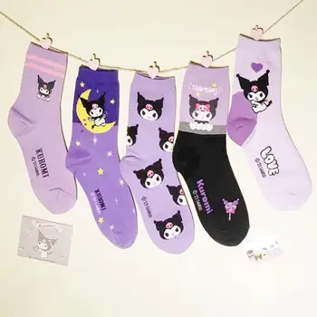 Кавайные милые хлопчатобумажные носки Sanrio Kuromi с героями мультфильмов, женские носки средней длины, Фиолетовые трендовые носки, Мягкие дышащие носки для экипажа Sweet Girls