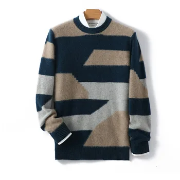 Осенью и зимой Новый 100% чистый шерстяной свитер, Мужской свитер с круглым вырезом, Цветной кашемировый свитер, Деловой повседневный вязаный пуловер