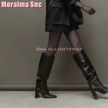 Черные женские сапоги до колена с квадратным носком, без шнуровки на массивном каблуке, модные однотонные женские ботинки, осень-зима, лаконичный стиль, Новинка 2023 года