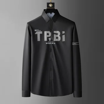Модный тренд С буквами Бренда Rhinestone Мужская рубашка, Тонкая повседневная уличная рубашка с длинным рукавом, Светская деловая официальная рубашка 5xl