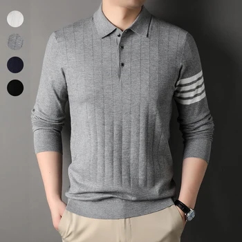Мужская Деловая мода, Вязаные Пуловеры Из Шерстяных смесей | Рубашка Поло С лацканами | Классические Однотонные Пуловеры | Вязаный свитер Для гольфа