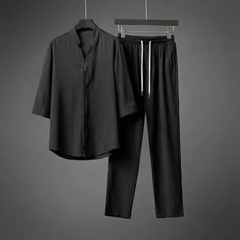 2023 (Рубашка + брюки) Летний Новый Мужской Модный Повседневный Однотонный Классический комплект с футболками, Мужской Высококачественный комплект из двух предметов, Уличная одежда